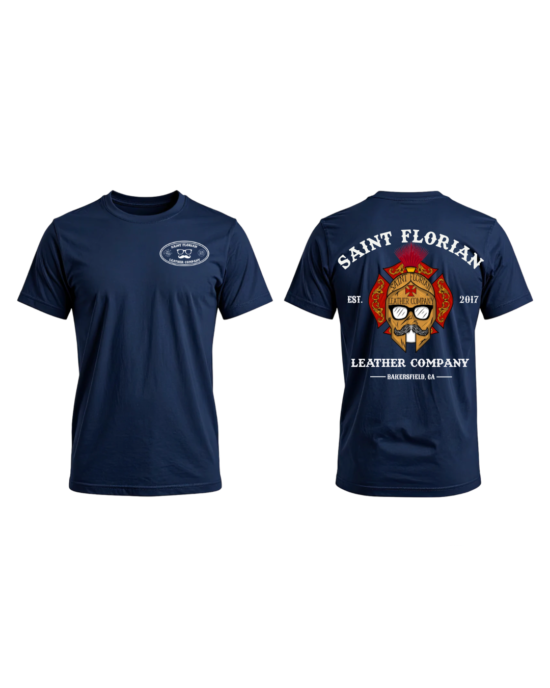A navy blue short-sleeve t-shirt shown from both the front and back. The front features a small oval logo on the left chest, and the back features a large graphic with the text 'SAINT FLORIAN', 'LEATHER COMPANY', and a detailed skull design.
