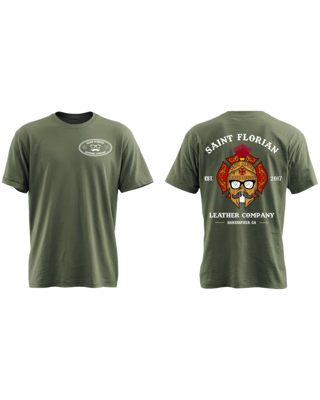 An olive green short-sleeve t-shirt shown from both the front and back. The front features a small oval logo graphic on the left chest with a beard silhouette and the text 'Saint Florian Leather Company'.