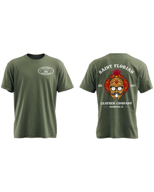 An olive green short-sleeve t-shirt shown from both the front and back. The front features a small oval logo graphic on the left chest with a beard silhouette and the text 'Saint Florian Leather Company'.